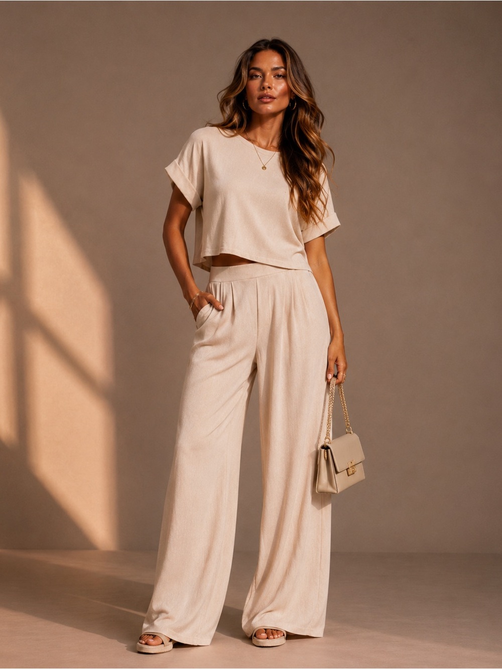 NWT Boxy Cut Top & High Waist Wide Leg Pleated Pants Set